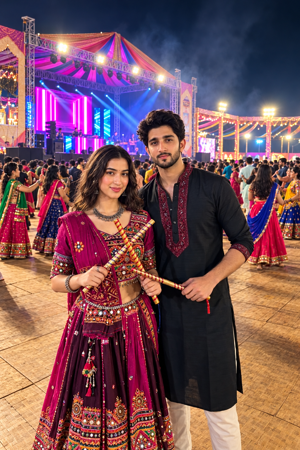 Romantic Navratri couple AI photo at a colorful DJ Dandiya stage at night