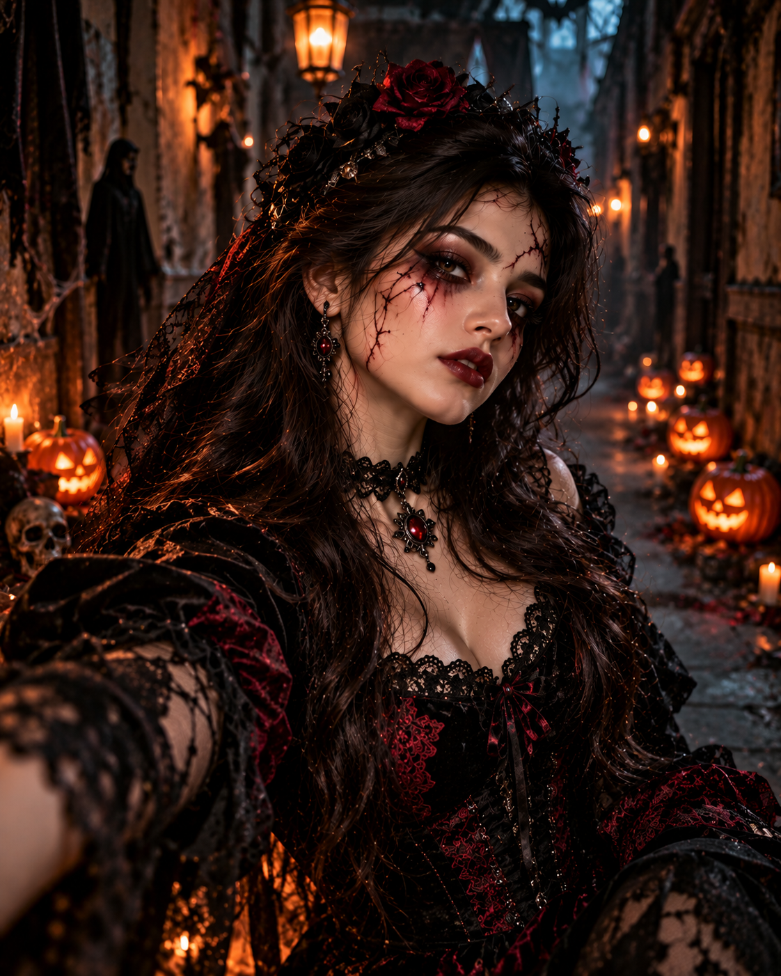 Woman wearing dark gothic clothing and cracked horror makeup in a shadowy corridor illuminated by candles and glowing Halloween pumpkins.