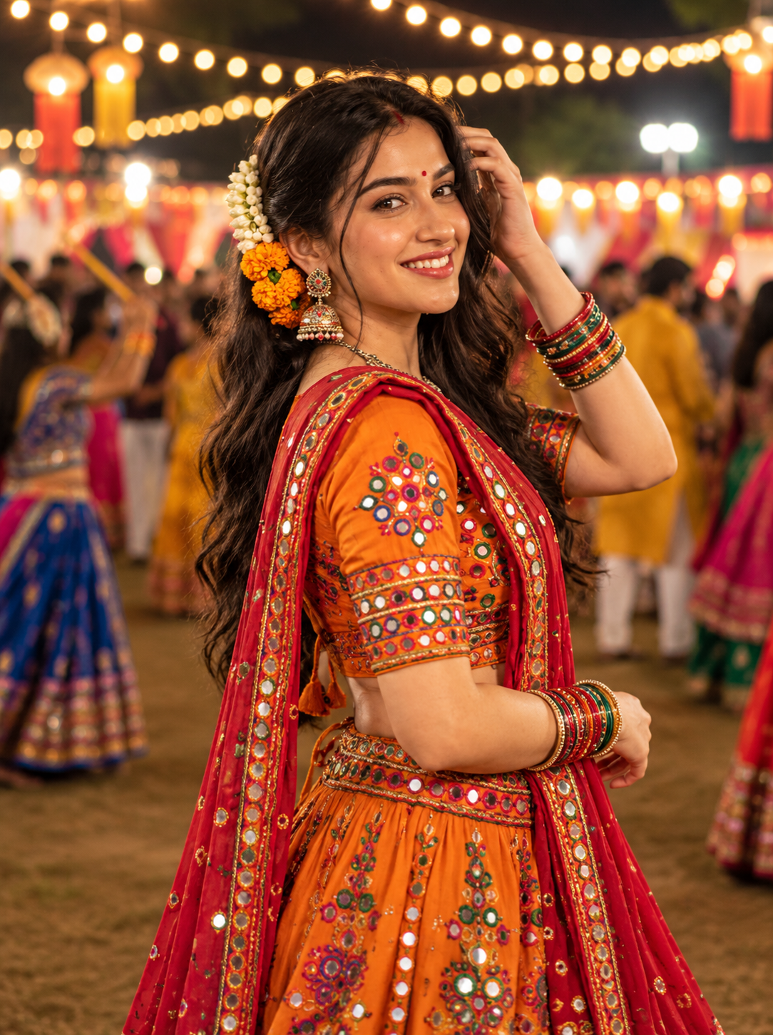 Indian woman wearing an orange traditional Chaniya outfit for Navratri