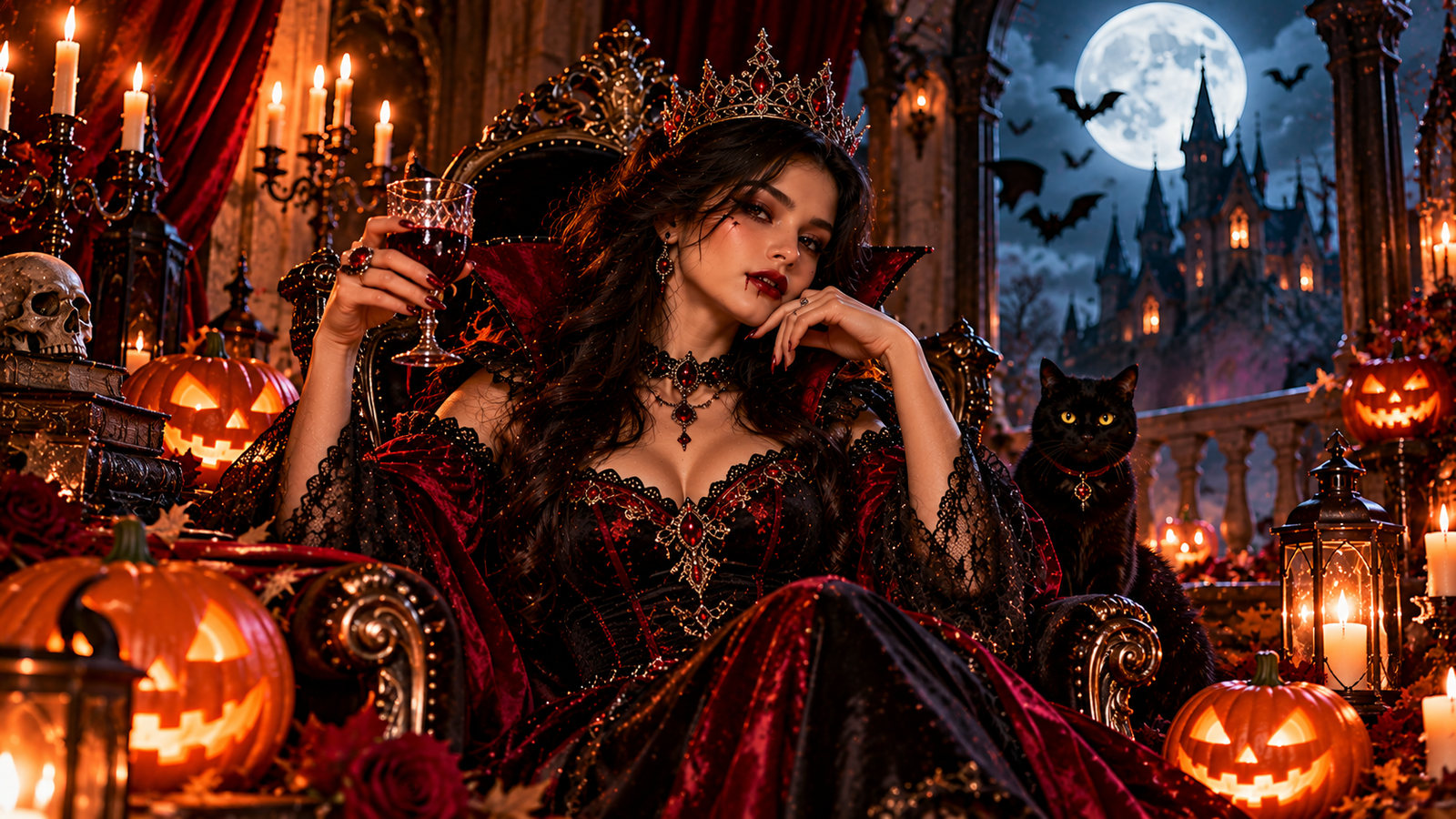 Woman wearing a black and crimson vampire gown with a jeweled crown, sitting on an ornate throne beside glowing pumpkins and a black cat.