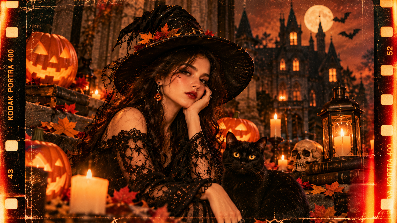Woman wearing a black lace witch costume and pointed hat posing beside a black cat, glowing pumpkins, candles, and a haunted mansion in vintage film style.